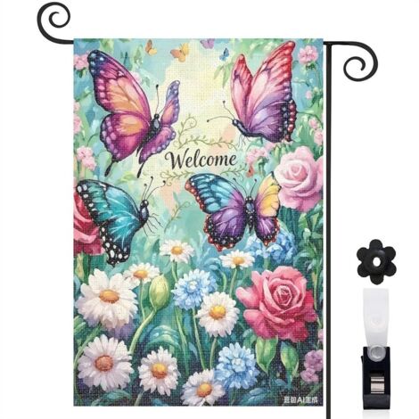 Bannière de cour papillons et roses roses 30 x 45 cm décoration porche et extérieur (1/5)