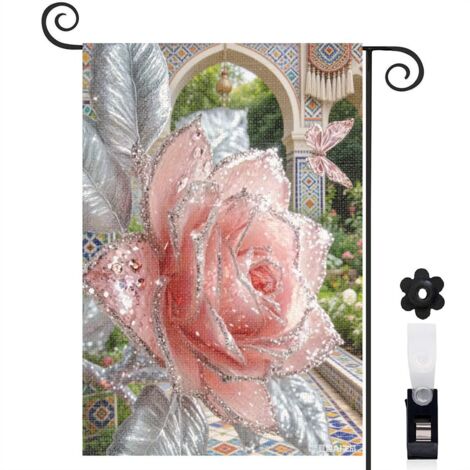 Drapeau de jardin rose rose et feuilles métalliques 30 x 45 cm décoration terrasse et extérieur (1/5)