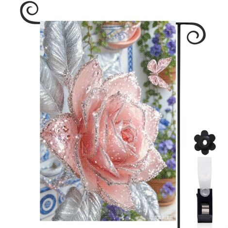 Drapeau vertical rose scintillante et jardin 30 x 45 cm décoration saisonnière cour (1/5)