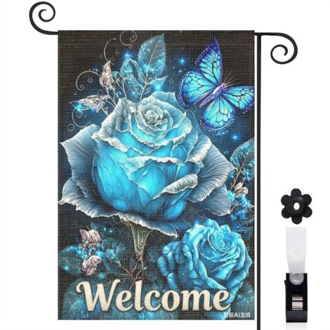 Bannière de cour Welcome et roses bleues élégantes 30 x 45 cm décoration porche et extérieur (1/5)