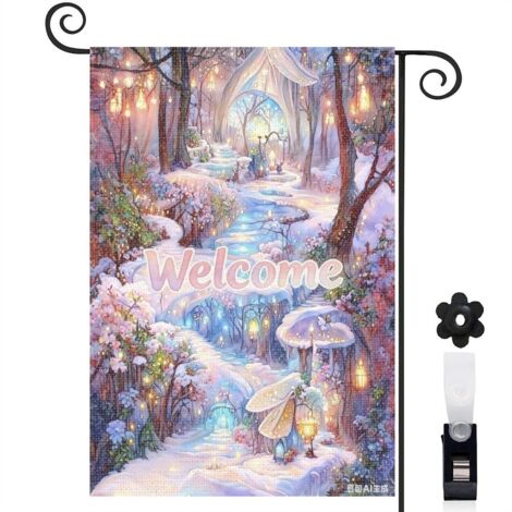 Bannière de cour Welcome fée et neige bleue 30 x 45 cm décoration terrasse et balcon (1/4)