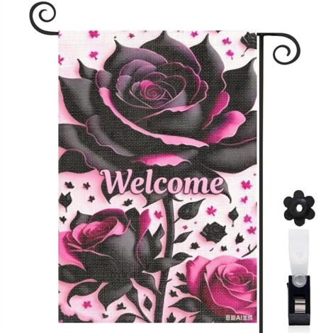 Drapeau de jardin Welcome et roses noires luxueuses 30 x 45 cm décoration porche et entrée (1/5)