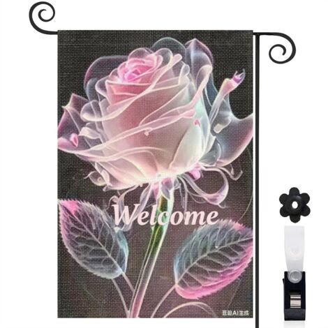 Drapeau de jardin rose rose transparente et Welcome néon 30 x 45 cm décoration extérieure jardin (1/5)