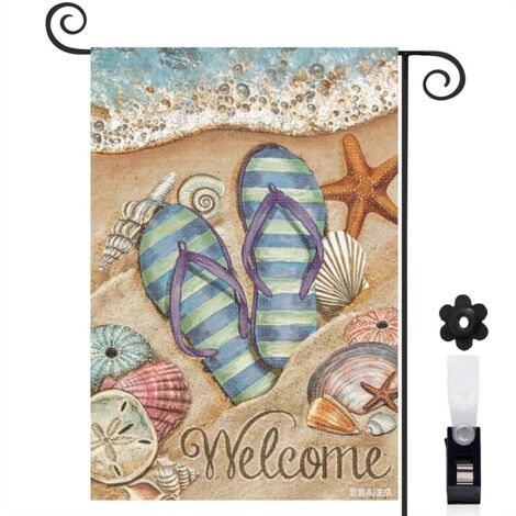 Drapeau de jardin tongs de plage et Welcome 30 x 45 cm décoration extérieure jardin (1/5)