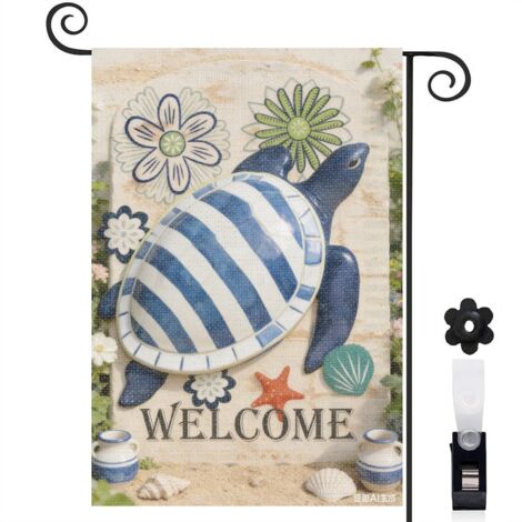Drapeau de jardin Welcome et tortue de mer 30 x 45 cm décoration cour et balcon (1/5)