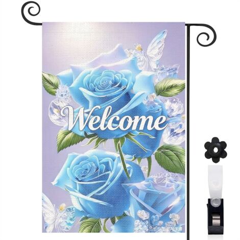 Drapeau de jardin papillons et roses bleues avec cristaux 30 x 45 cm décoration terrasse et extérieur (1/4)