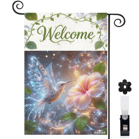 Drapeau de jardin Welcome colibri et hibiscus 30 x 45 cm décoration extérieure (1/5)