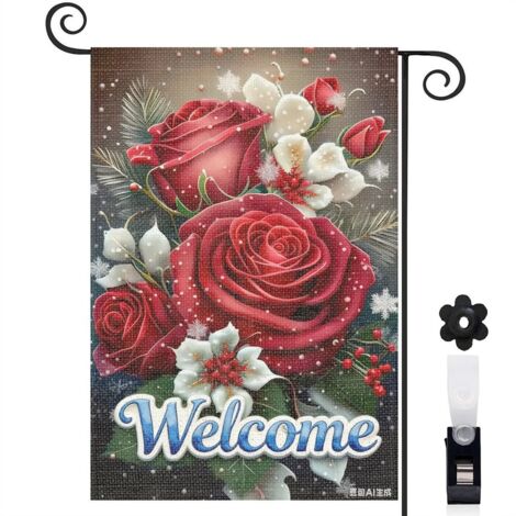 Drapeau vertical roses rouges élégantes et Welcome 30 x 45 cm décoration saisonnière cour (1/4)