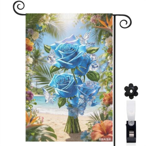 Bannière de cour papillons et roses bleues cristallines 30 x 45 cm décoration porche et maison (1/5)