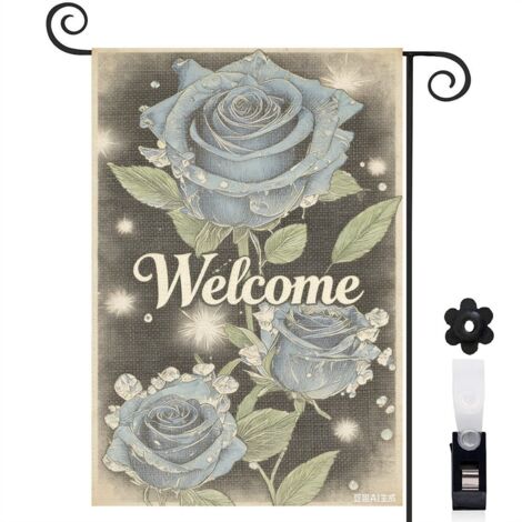 Drapeau vertical Welcome et roses bleues avec gouttes 30 x 45 cm décoration maison et jardin (1/4)