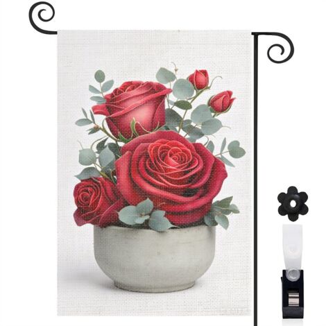 Bannière de cour roses rouges et feuilles vertes 30 x 45 cm décoration porche et extérieur (1/5)