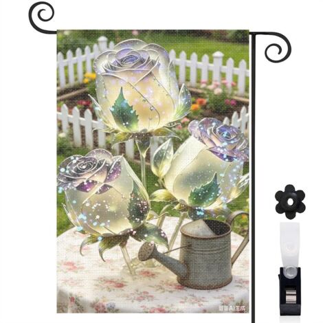 Drapeau vertical chemin de jardin et roses cristallines 30 x 45 cm décoration jardin d'été (1/5)