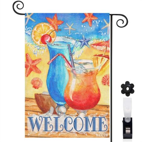 Drapeau vertical fleurs tropicales et cocktails 30 x 45 cm décoration jardin d'été (1/4)