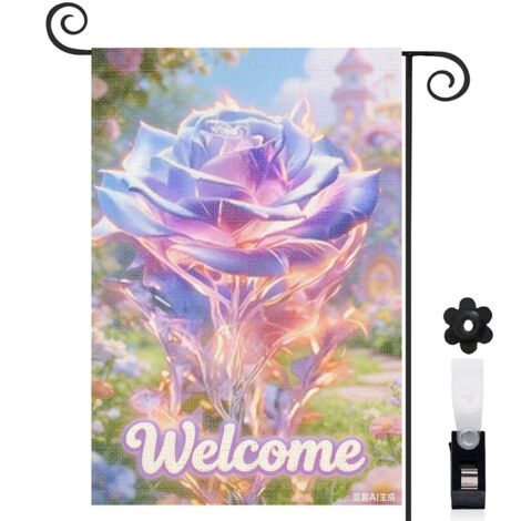 Drapeau de jardin Welcome et effet lumineux sur la rose 30 x 45 cm décoration porche et entrée (1/5)