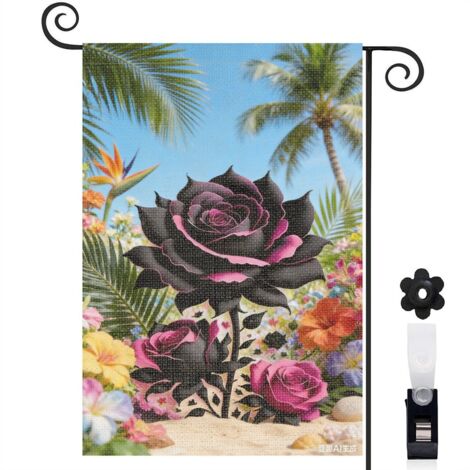Drapeau vertical ambiance gothique et rose noire 30 x 45 cm décoration jardin d'été (1/5)