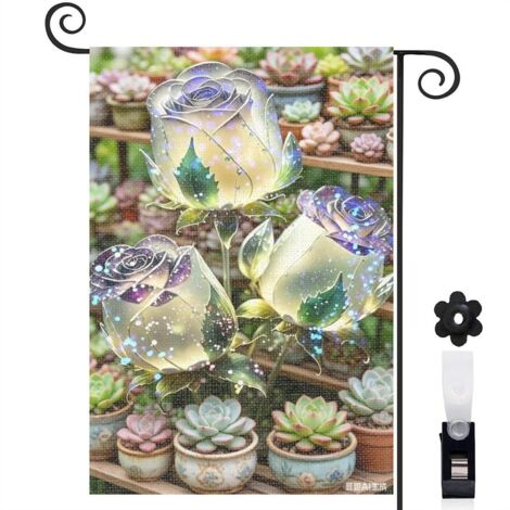 Drapeau de jardin roses scintillantes et palmiers 30 x 45 cm décoration porche et entrée (1/5)