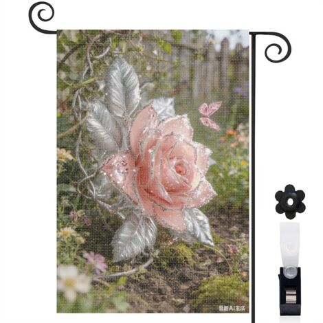 Drapeau de jardin rose rose et fontaine 30 x 45 cm décoration cour et balcon (1/4)