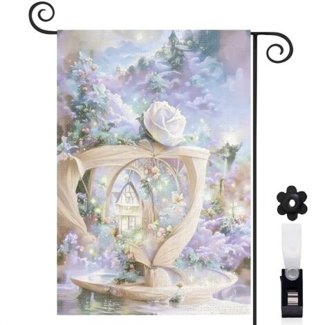 Drapeau vertical forêt magique et rose blanche 30 x 45 cm décoration saisonnière extérieure (1/5)