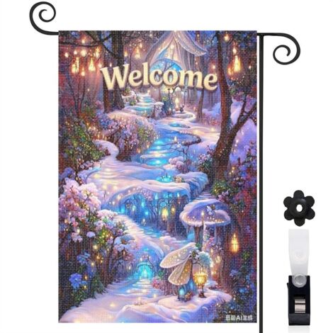 Drapeau vertical Welcome fée et chemin lumineux 30 x 45 cm décoration saisonnière cour (1/5)