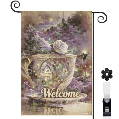 Drapeau de jardin château miniature et rose magique 30 x 45 cm décoration cour et balcon (1/5)