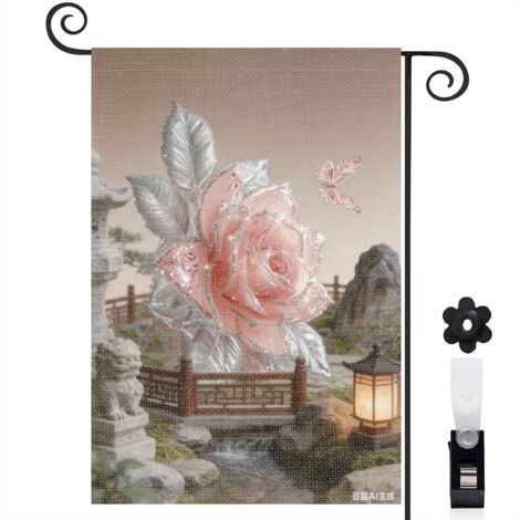 Drapeau vertical patio et rose cristalline 30 x 45 cm décoration saisonnière extérieure (1/5)