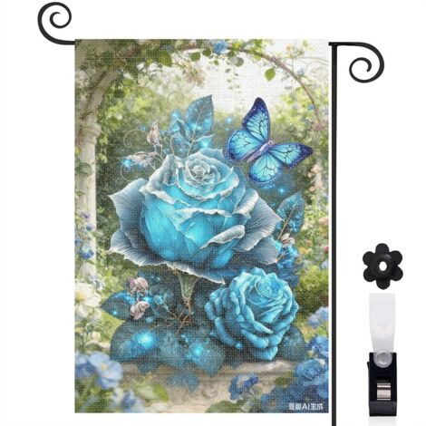 Drapeau vertical papillons bleus et roses bleues 30 x 45 cm décoration saisonnière cour (1/5)