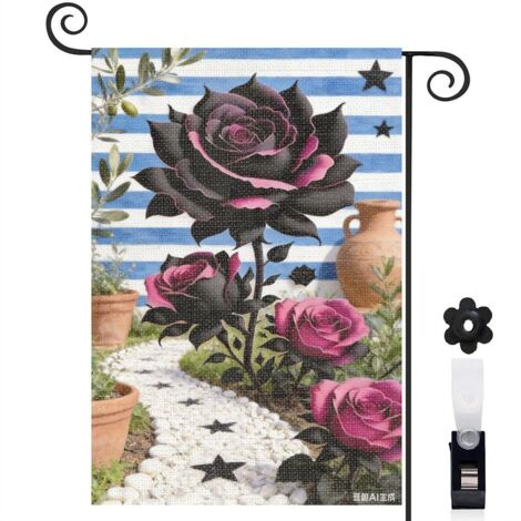 Drapeau vertical plage et fleurs tropicales avec roses noires 30 x 45 cm décoration jardin d'été (1/5)