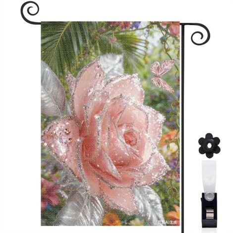 Drapeau vertical rose rose et jardin tropical 30 x 45 cm décoration jardin d'été (1/5)