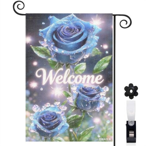 Drapeau de jardin Welcome et roses bleues enchantées 30 x 45 cm décoration saisonnière jardin (1/5)