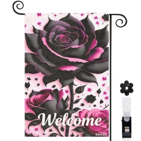 Bannière de cour Welcome et motif floral noir et rose 30 x 45 cm décoration porche et maison (1/5)