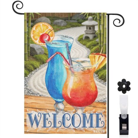Drapeau de jardin Welcome et cocktails de vacances 30 x 45 cm décoration porche et entrée (1/5)
