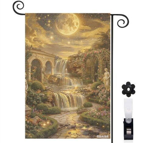 Drapeau vertical paysage nocturne féerique et cascade 30 x 45 cm décoration saisonnière cour (1/4)