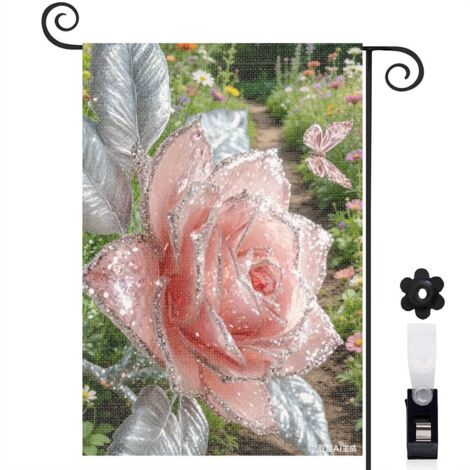 Bannière de cour rose cristalline et papillons 30 x 45 cm décoration maison de campagne (1/5)