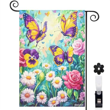 Drapeau de jardin papillons jaunes et pensées 30 x 45 cm décoration saisonnière jardin (1/3)
