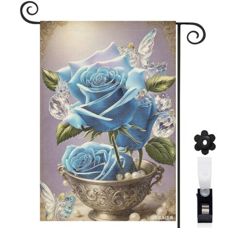 Drapeau vertical Welcome et style féerique avec les roses bleues 30 x 45 cm décoration saisonnière extérieure (1/5)