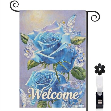 Drapeau de jardin Welcome et effet cristallin sur les roses 30 x 45 cm décoration terrasse et extérieur (1/5)