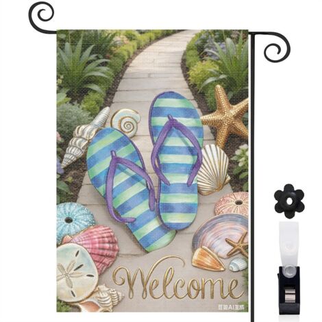 Drapeau de jardin Welcome et tongs de plage 30 x 45 cm décoration porche et entrée (1/5)