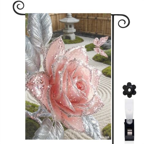Bannière de cour feuilles argentées et rose 30 x 45 cm décoration porche et maison (1/5)