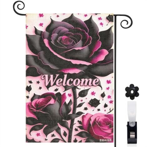 Drapeau vertical roses noires élégantes et Welcome 30 x 45 cm décoration saisonnière cour (1/5)