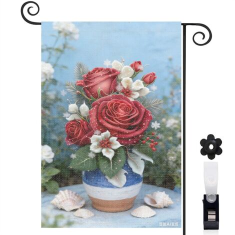 Drapeau de jardin Welcome et roses rouges avec gouttes 30 x 45 cm décoration saisonnière jardin (1/5)