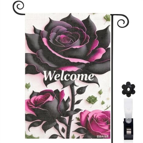 Bannière de cour motifs floraux et roses noires 30 x 45 cm décoration extérieure et intérieure (1/5)