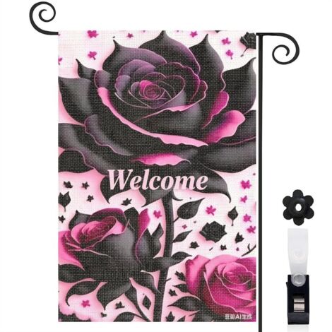 Drapeau de jardin fond rose et roses noires 30 x 45 cm décoration terrasse et extérieur (1/5)