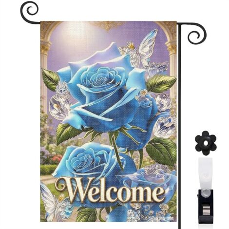Bannière de cour feuilles vertes et roses bleues à paillettes 30 x 45 cm décoration extérieure et intérieure (1/4)