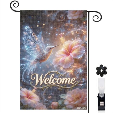 Drapeau de jardin Welcome hibiscus et lumières 30 x 45 cm décoration maison de campagne (1/4)