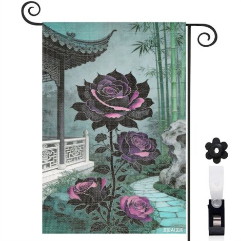 Drapeau vertical style vintage et rose noire 30 x 45 cm décoration saisonnière cour (1/5)