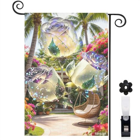 Drapeau vertical roses cristallines et palmiers 30 x 45 cm décoration maison et jardin (1/4)