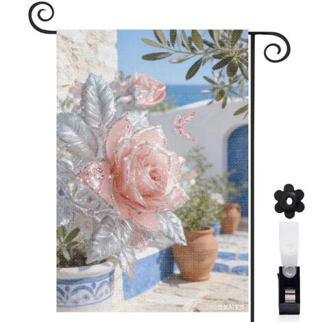 Drapeau de jardin rose rose et lumière dorée 30 x 45 cm décoration cour et balcon (1/5)