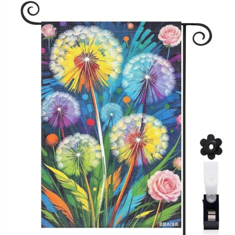 Drapeau vertical Welcome et pissenlits colorés 30 x 45 cm décoration cour et extérieur (1/5)