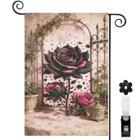 Drapeau de jardin pot de fleurs et rose noire 30 x 45 cm décoration porche et entrée (1/5)