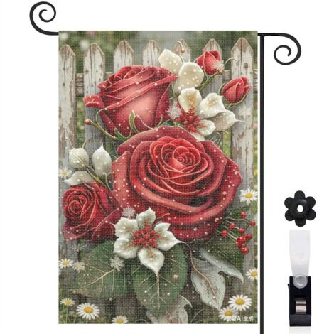 Drapeau vertical feuilles de pin et roses 30 x 45 cm décoration jardin d'hiver (1/5)